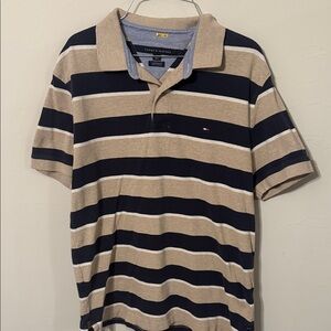 Tommy Hilfiger Men's Polo Shirt - Navy and Tan Stripes
